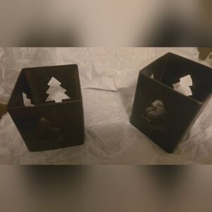 Metal & Rustic Candle Holders with Tree Cutouts. Set Of 2.